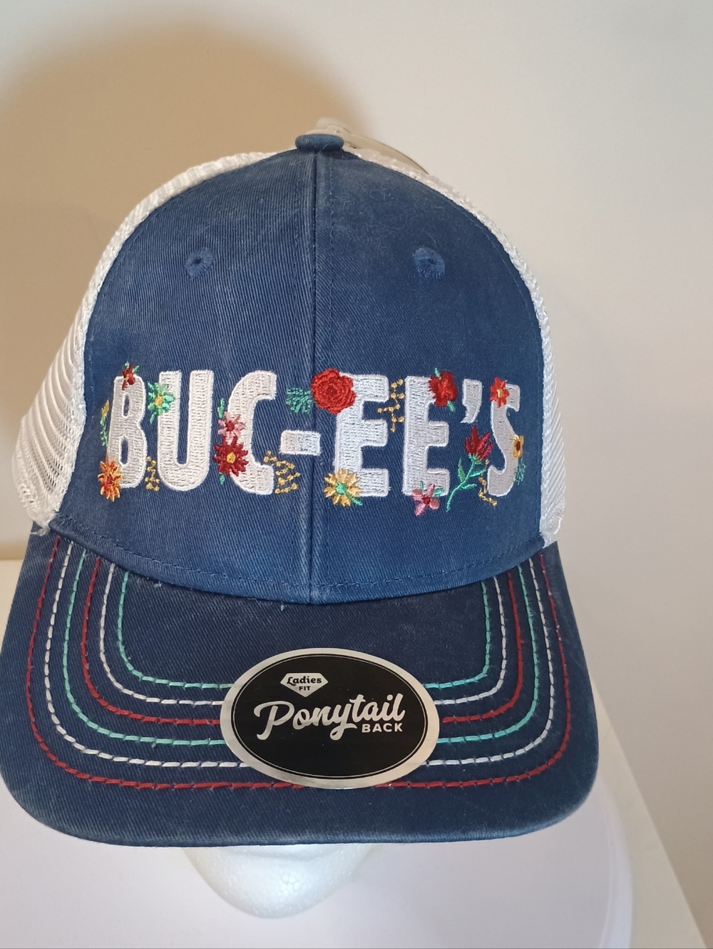 BUC-EES Navy Floral Mesh Ponytail Trucker Cap - Picture 2 of 7